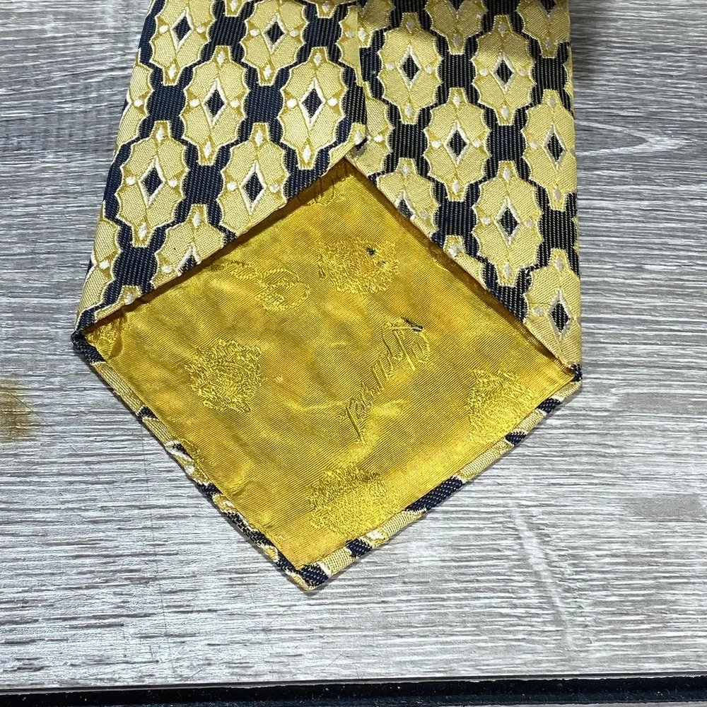 VINTAGE Charvet Tie Mens Gold Black Geometric Diamond Jacquard Polyester‎ 90s